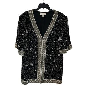 Laurence Kazar Cardigan Silk Beaded Black & Silver 2X
